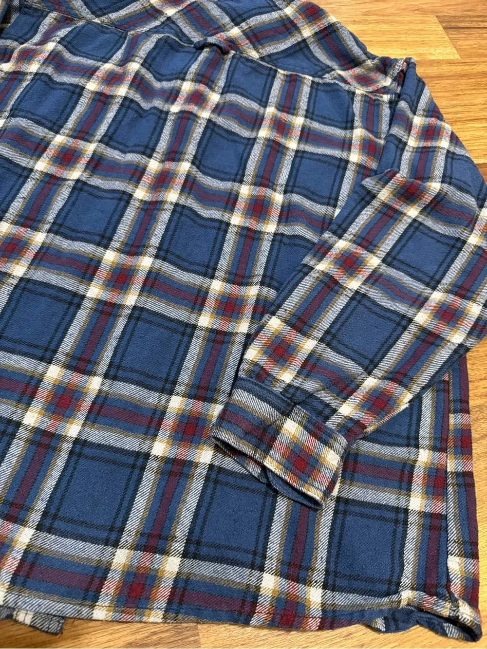 Stanley Blue Plaid Button-Down Shirt with Red and White Accents